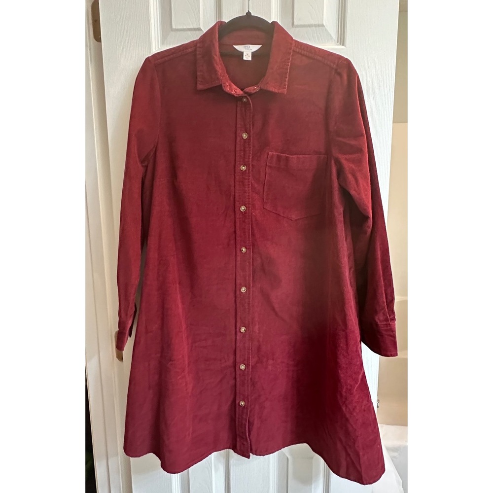 Time and Tru Womens Corduroy Shirt Dress Burgundy Red Long Sleeve Size M 8-10